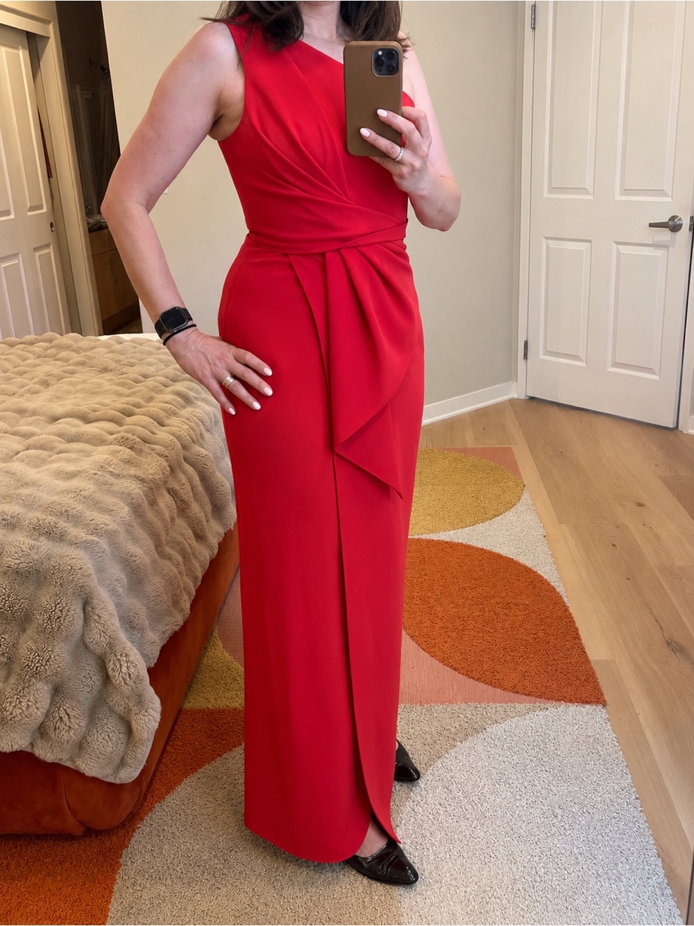 Eliza J One-Shoulder Red Draped Evening Gown